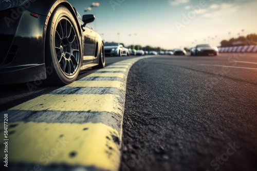Close up on asphalt on a race track, cars waiting to start in the background. Generative AI