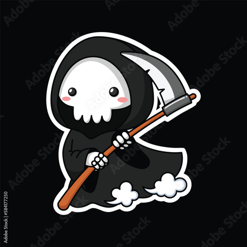 Cute Grim Reaper Cartoon Character In Sticker Style Premium Vector Graphic Illustration