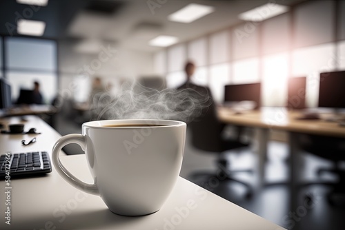 A cup of hot aromatic coffee. The beginning of the working day in the office, coffee break. White cup of coffee with steam above the cup on a blurred office background. Generative AI