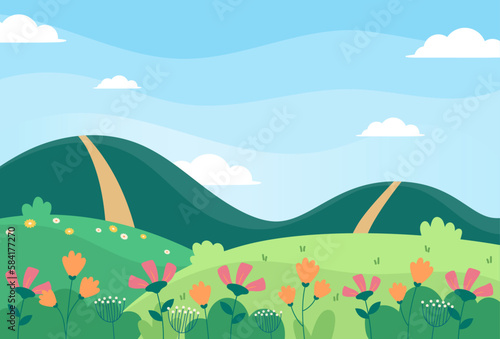 Flat design of natural spring season landscape background vector illustration