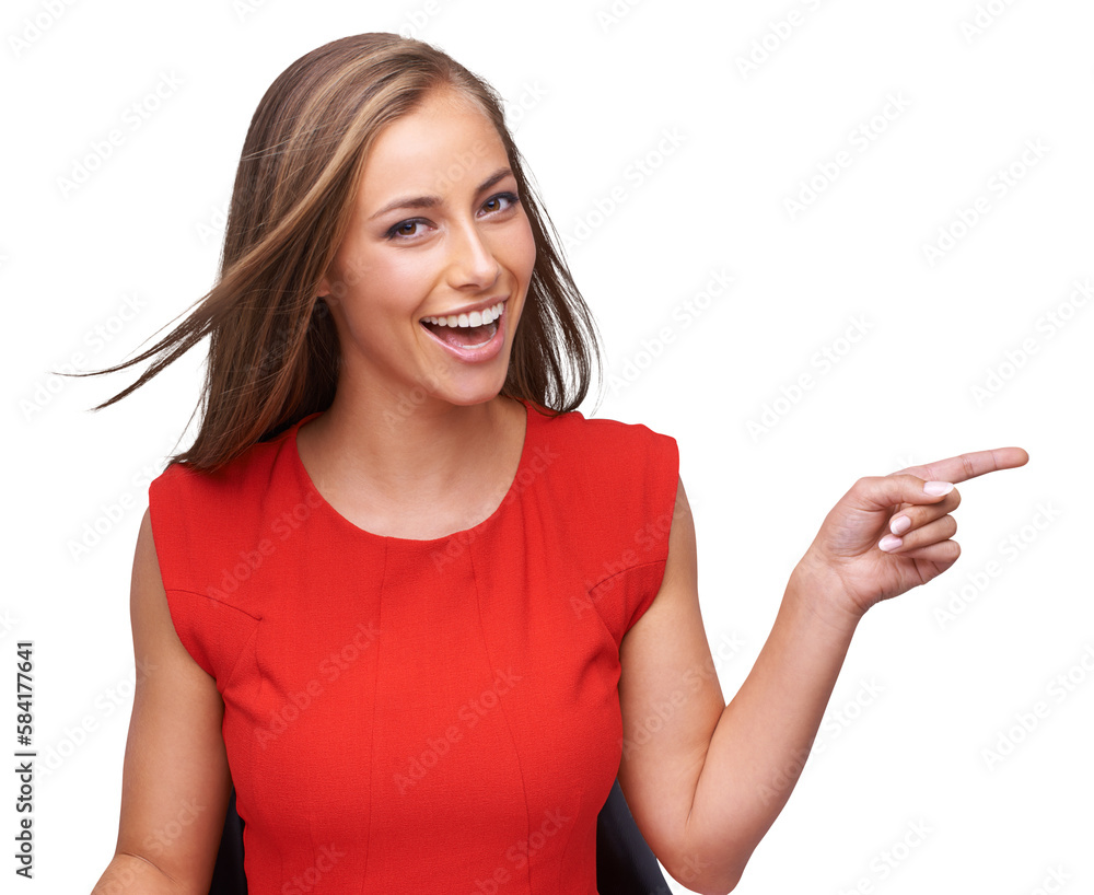 Pointing finger and portrait of woman for fashion, marketing or advertising on an isolated, transparent png background. Beauty, retail and model with copy space for deal, sale or product placement Pointing finger and portrait of woman for fashion, marketing or advertising on an isolated, transparent png background. Beauty, retail and model with copy space for deal, sale or product placement
