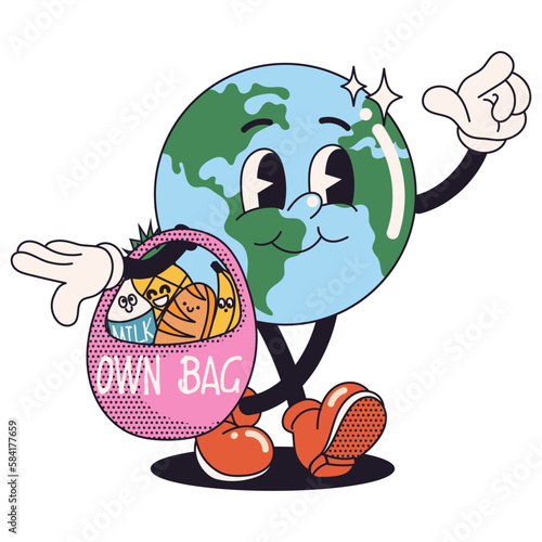 Stickers in trendy retro cartoon style. Earth Day concept. World Environment Day. Walking happy cute Earth planet character mascot with own bag. Vector illustration