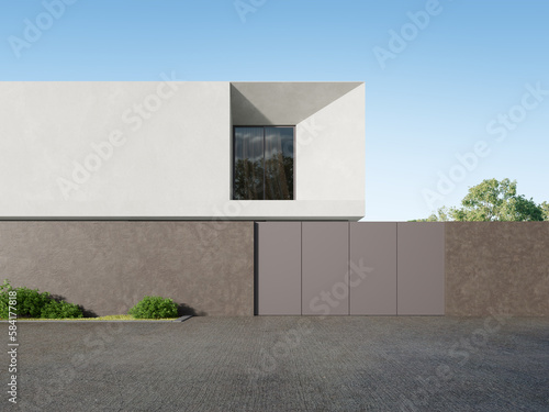 3d rendering of modern luxury house with garage wall and concrete floor.