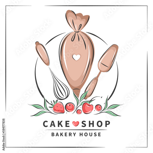Cake shop logo. Set of tools for making cakes, cookies and pastries. Vector illustration for menu, recipe book, baking shop, cafe.
