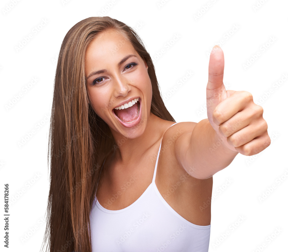 Thumbs up, winner and portrait of a woman with success, smile and model with a hand emoji sign for agreement, win and goal on an isolated and transparent png background Thumbs up, winner and portrait of a woman with success, smile and model with a hand emoji sign for agreement, win and goal on an isolated and transparent png background