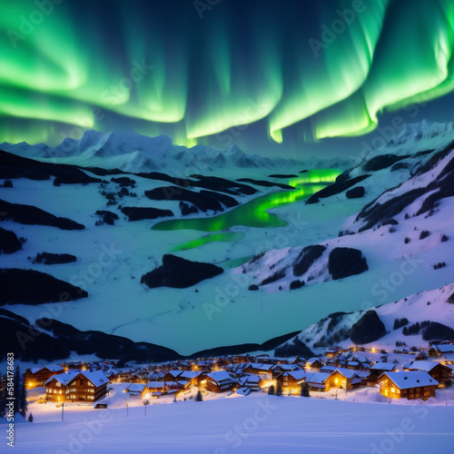 Generative AI, Aurora appears in snowy Nordic countryside