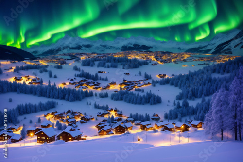 Generative AI, Aurora appears in snowy Nordic countryside
