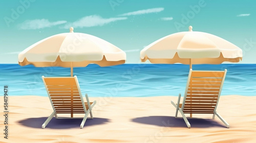 two sun loungers on white sand under a beige umbrella on the ocean shore. Generative AI