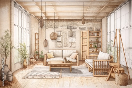 Unfinished blueprint  boho wooden living room with parquet and cane ceiling. Rattan armchairs  jute carpet  and sofa. Boho decor . Generative AI
