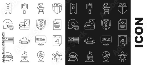 Set line Hexagram sheriff, Calendar with date July 4, Declaration of independence, Barbecue grill, Burger, American football helmet, Baseball ticket and Shield dollar icon. Vector