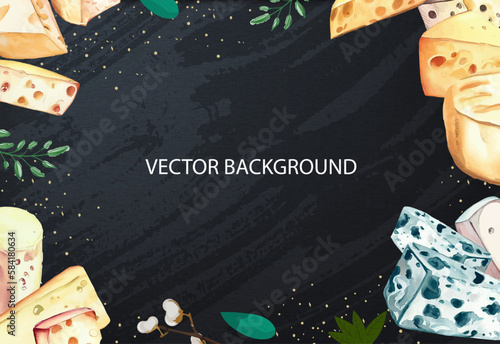 Delicious cheese background with products of different sorts mushrooms and vegetables on chalkboard vector illustration.