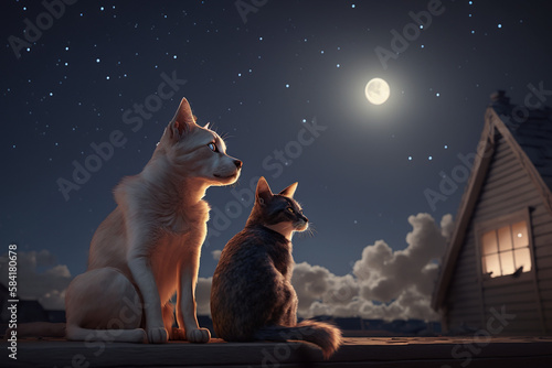 Dog and cat sitting next to each other on the roof, looking to the moon