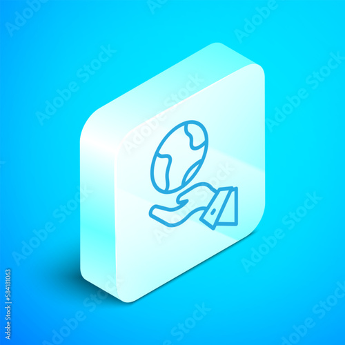 Isometric line Human hands holding Earth globe icon isolated on blue background. Save earth concept. Silver square button. Vector