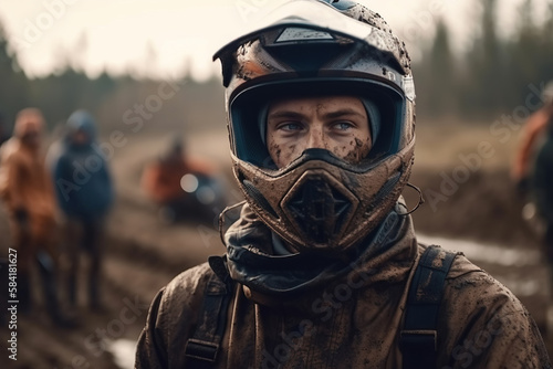 portrait of dirty racer in helmet on sports motorbike on a nature race. Generative AI