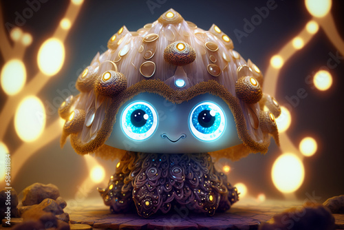 Adorable jellywish creature, wearing ornate bejeweled with luminous beads © MochSjamsul
