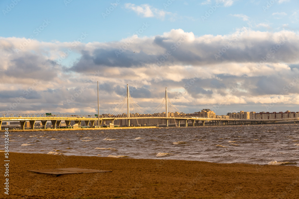 View of cable-stayed bridge Western high-speed diameter in Saint-Petersburg