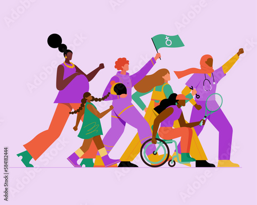 International women's day vector illustration with women of different races and cultures fighting