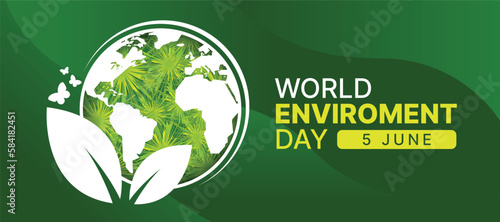 World Environment Day - White circle world globe, leaf and butterfly sign with abstract green leaves texture on green curve background vector design