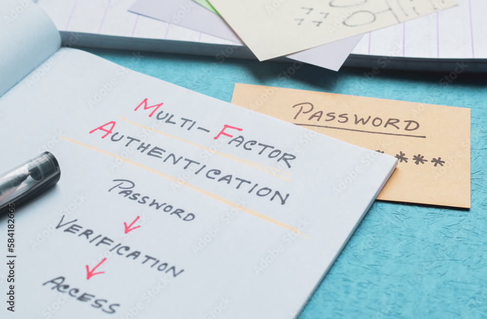 Multi-factor authentication (MFA) and it's process to access particular website or account explanation handwritten on desk. Selective focus. Multi-factor authentication (MFA) and it's process to access particular website or account explanation handwritten on desk. Selective focus.