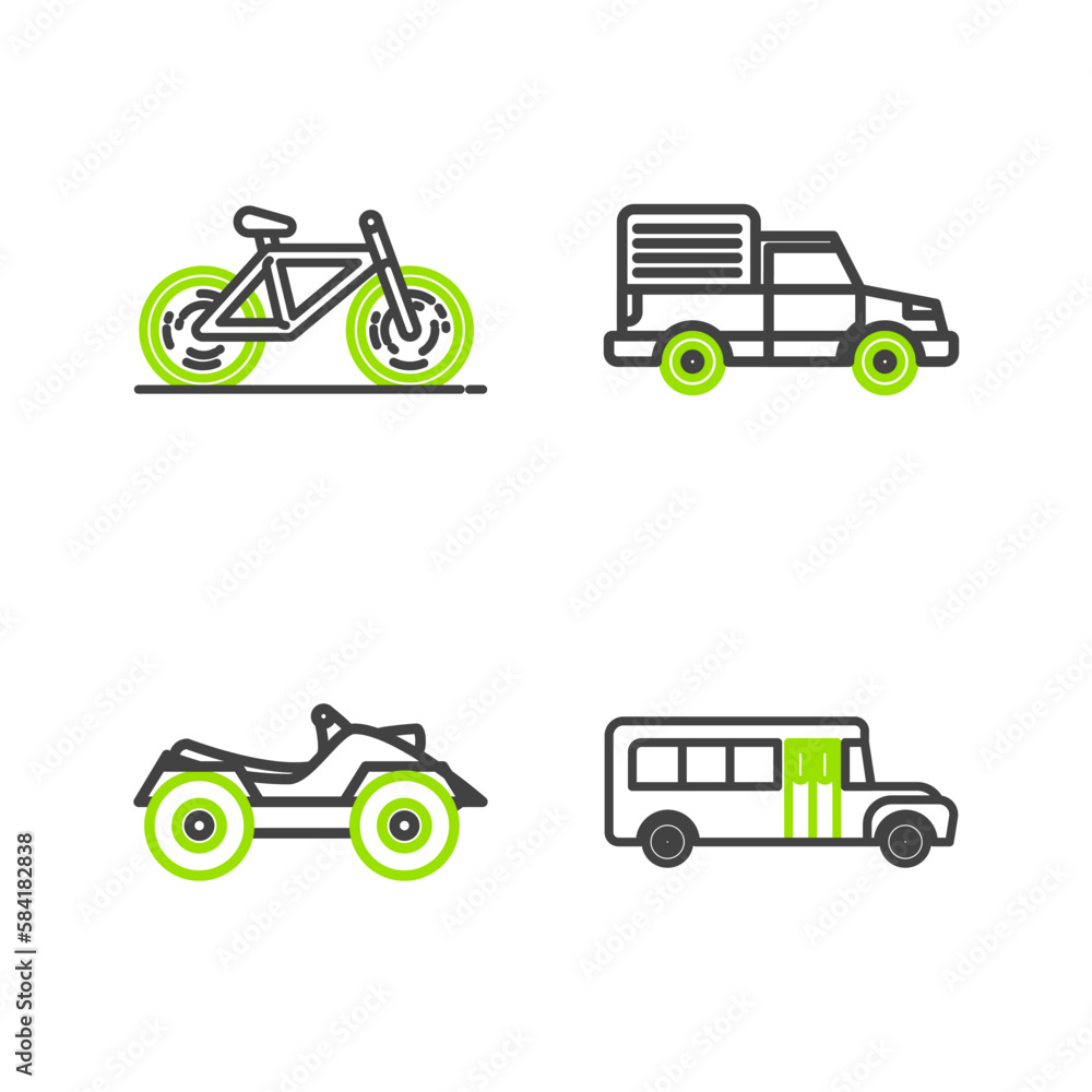 Set line School Bus, All Terrain Vehicle or ATV motorcycle, Delivery cargo truck vehicle and Bicycle icon. Vector