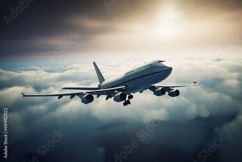 Fly Above the Clouds. Airplane Transport in the Sky with Cloudy Background