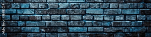 Blue Brick Wall Background Panoramic Banner. Generative AI