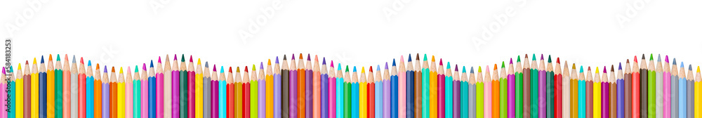 Wave of colorful wooden pencils isolated on white background, panoramic background, back to school concept. Wave of colorful wooden pencils isolated on white background, panoramic background, back to school concept.