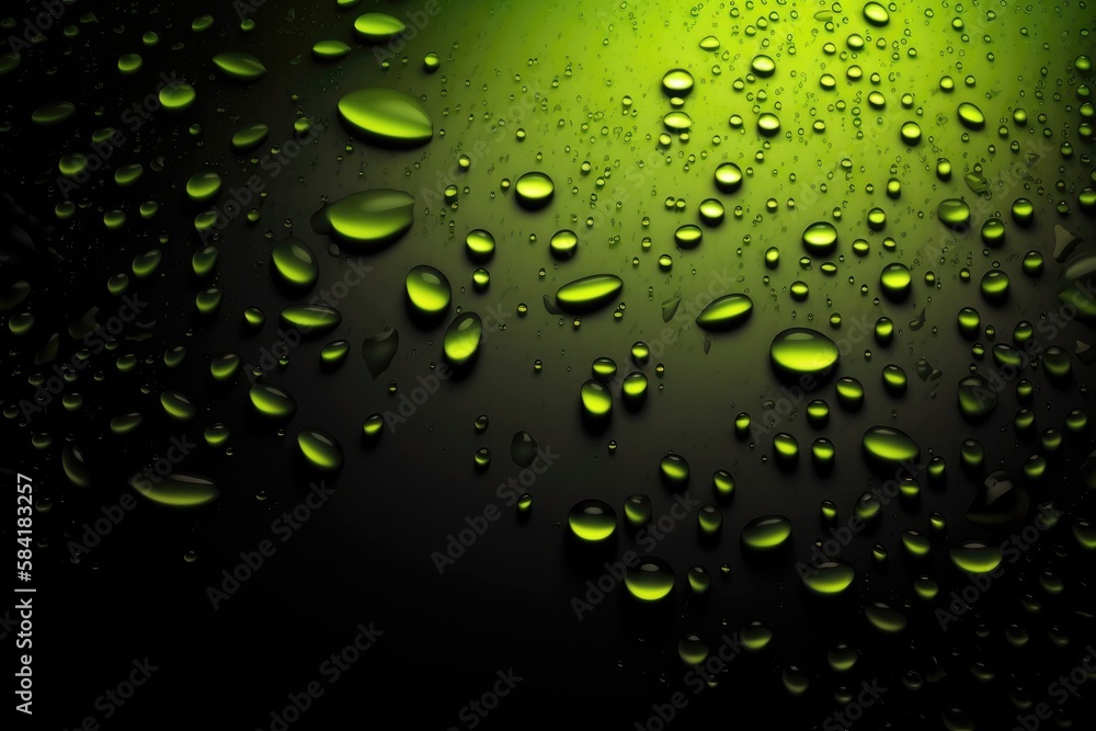 Lime Green Metallic Drops On Black Background. Generative AI