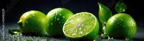 Green Limes Metallic Droplets Standing Black Matte Background Panoramic Banner. Generative AI