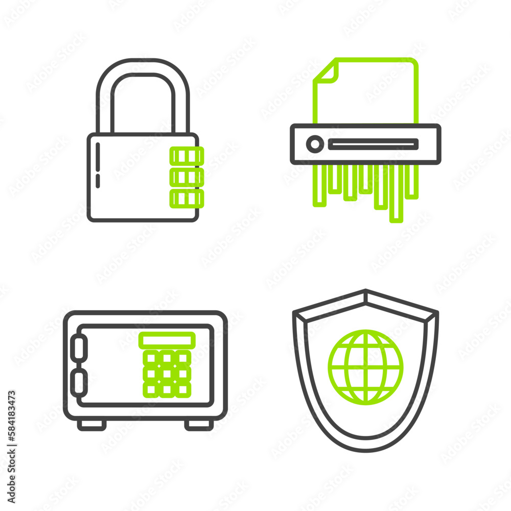 Set line Shield with world globe, Safe, Paper shredder confidential and combination lock icon. Vector Set line Shield with world globe, Safe, Paper shredder confidential and combination lock icon. Vector