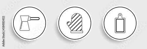 Set line Cutting board, Coffee turk and Oven glove icon. Vector