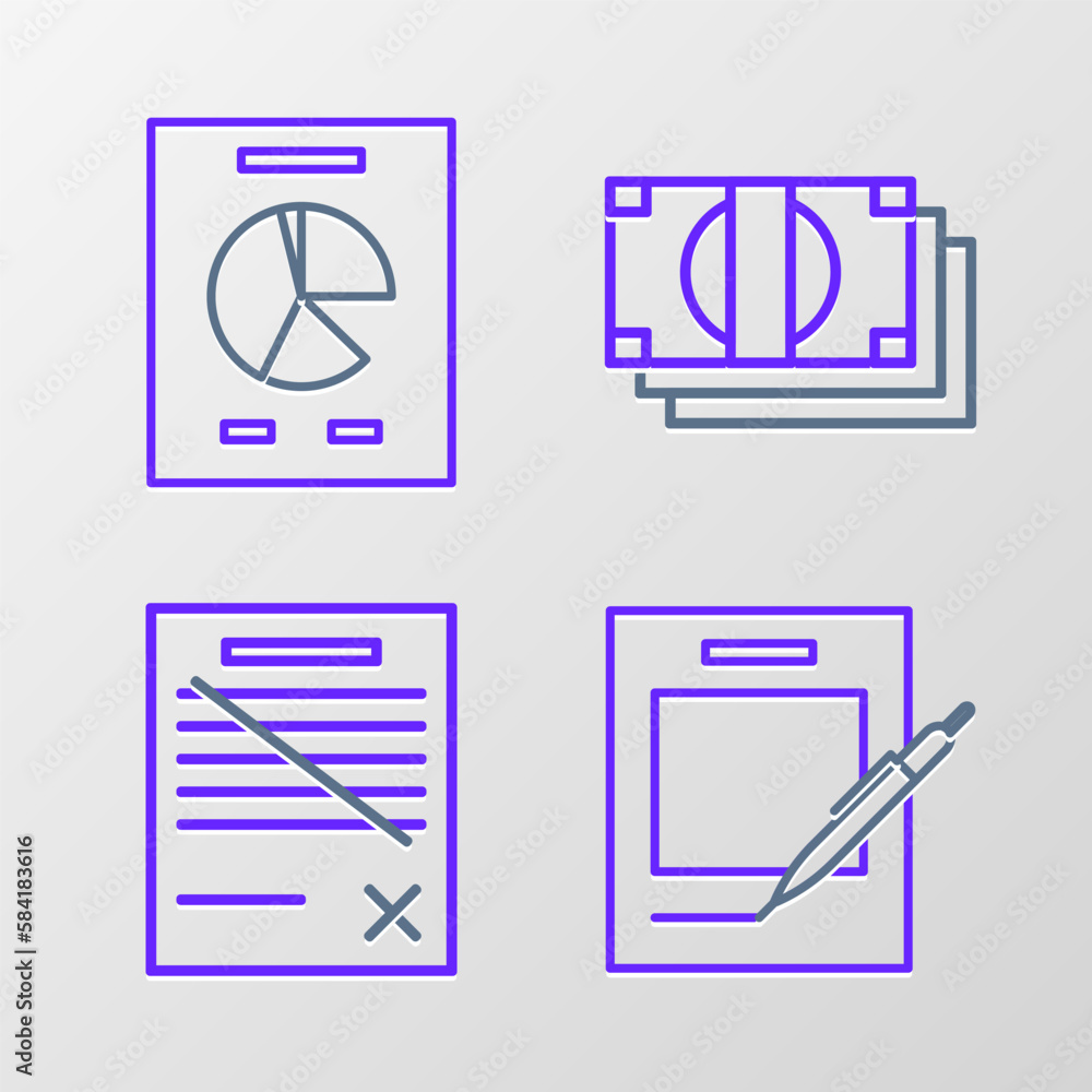 Set line Blank notebook and pen, Delete file document, Stacks paper money cash and Document with graph chart icon. Vector Set line Blank notebook and pen, Delete file document, Stacks paper money cash and Document with graph chart icon. Vector