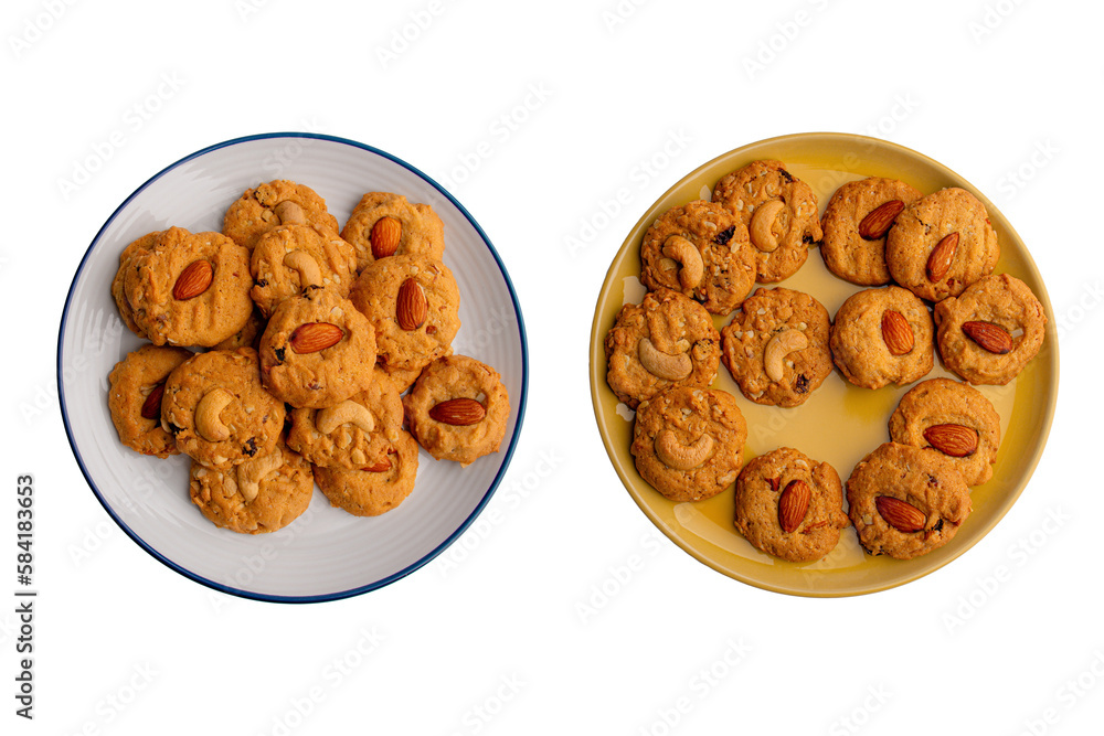 Homemade almond cookies on a plate on transparent background