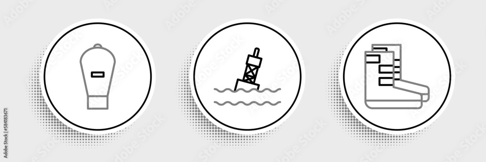 Set line Boots, Lift bag and Floating buoy on the sea icon. Vector Set line Boots, Lift bag and Floating buoy on the sea icon. Vector