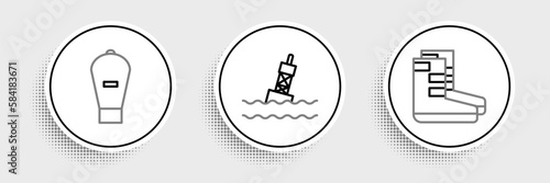 Set line Boots, Lift bag and Floating buoy on the sea icon. Vector