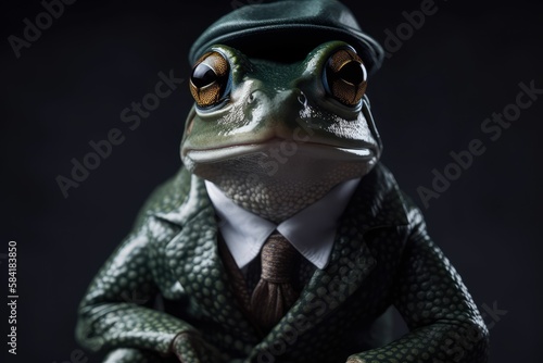 photorealistic frog wearing a suit, generative AI