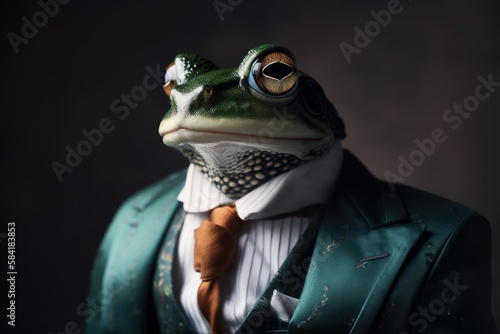photorealistic frog wearing a suit, generative AI