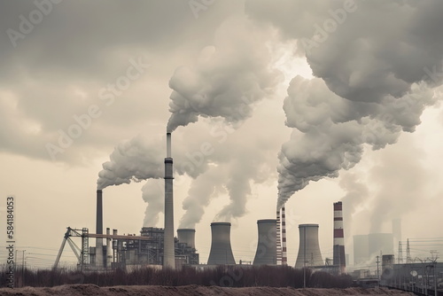 factory with smoke coming out of the chimneys with sunset background