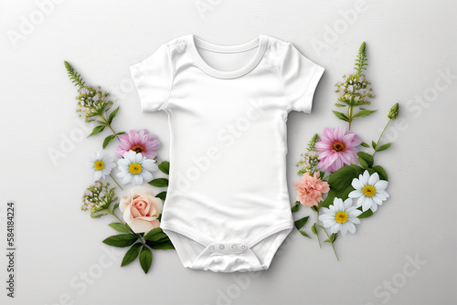 Blank white baby bodysuit on white background with flowers. Generative ai