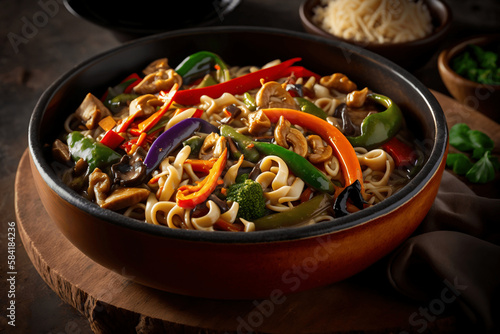 A bowl of noodles with meat  vegetables  and meat.Genarative ai 