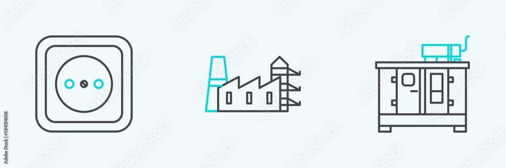 Set line Diesel power generator, Electrical outlet and Power station plant and factory icon. Vector Set line Diesel power generator, Electrical outlet and Power station plant and factory icon. Vector