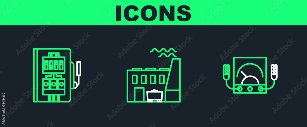 Set line Ampere meter, multimeter, voltmeter, Electrical panel and Coal power plant and factory icon. Vector Set line Ampere meter, multimeter, voltmeter, Electrical panel and Coal power plant and factory icon. Vector