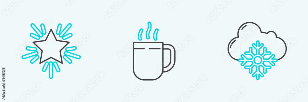 Set line Cloud with snow, Christmas star and Coffee cup icon. Vector Set line Cloud with snow, Christmas star and Coffee cup icon. Vector