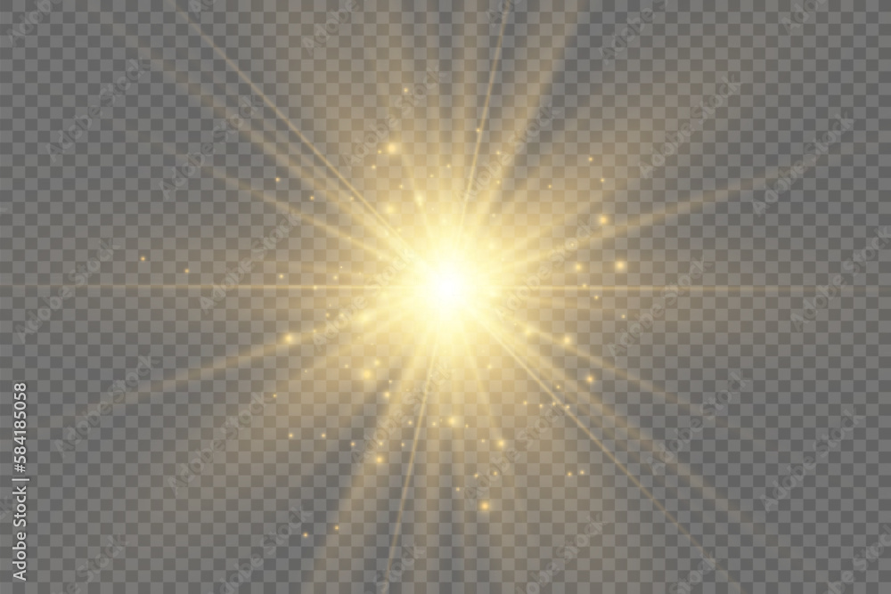 Special lens flash, light effect. The flash flashes rays and searchlight. illust.White glowing light. Beautiful star Light from the rays. The sun is backlit. Bright beautiful star. Sunlight. Glare.	
