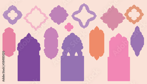 Arabic silhouettes set window or gate, and arches, mosque, stars and crescent Ramadan Kareem, Eid Mubarac islamic holiday design Vector template decorative frame, cover, banner modern abstract print
