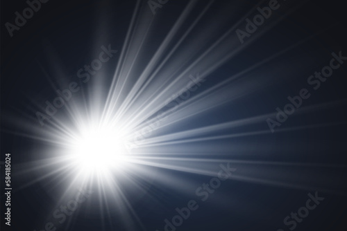 Special lens flash, light effect. The flash flashes rays and searchlight. illust.White glowing light. Beautiful star Light from the rays. The sun is backlit. Bright beautiful star. Sunlight. Glare. 