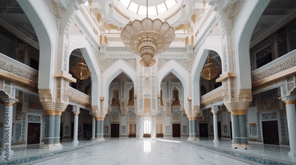 Luxurious Islamic Mosque Interior with High Ceiling and Elegant White ...