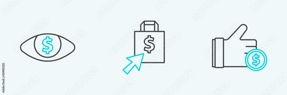 Set line Hand holding coin, Eye with dollar and Shoping bag icon. Vector Set line Hand holding coin, Eye with dollar and Shoping bag icon. Vector