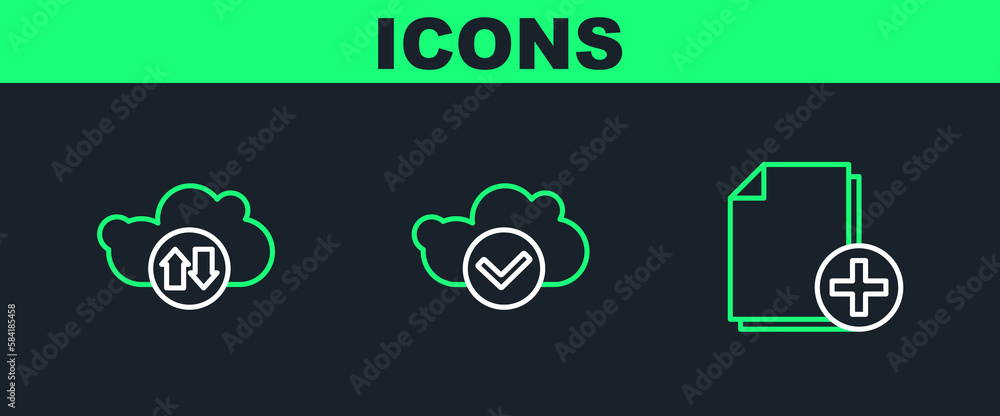 Set line Add new file, Cloud download and upload and with check mark icon. Vector Set line Add new file, Cloud download and upload and with check mark icon. Vector