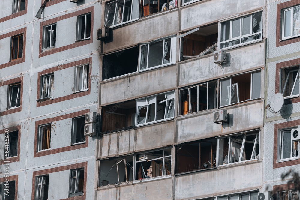 A strike on a high-rise building in the city of Zaporozhye, Ukraine. A residential building destroyed by an explosion following a Russian missile attack. Consequences of the explosion. Houses in the c